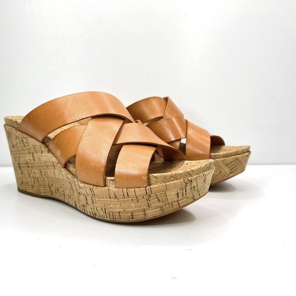 Korks Cork Wedge Slides Sz 9 Brown Leather Open Toe Strappy Boho Platform Sandal - Picture 1 of 15